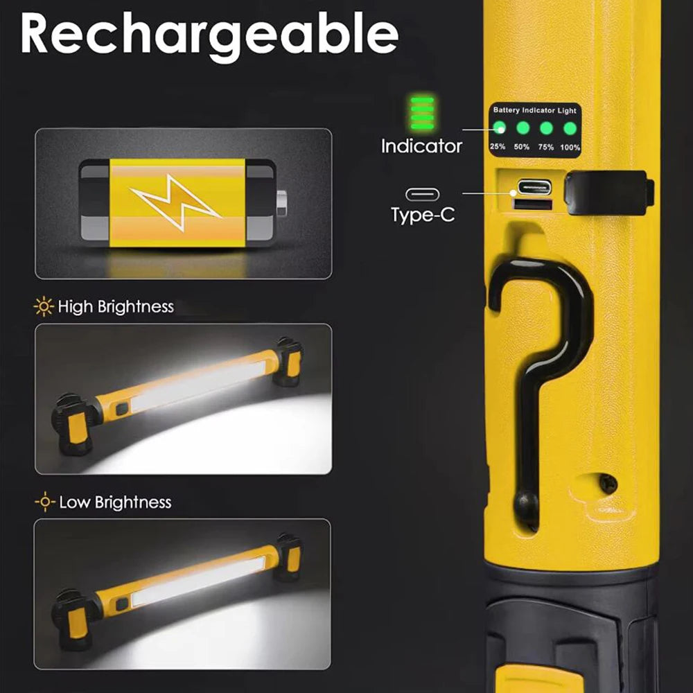 5200Mah Super Bright Work Light Rechargeable Magnetic Work Light with Hooks & Rotating Magnetic Base for Car Repairing Emergency
